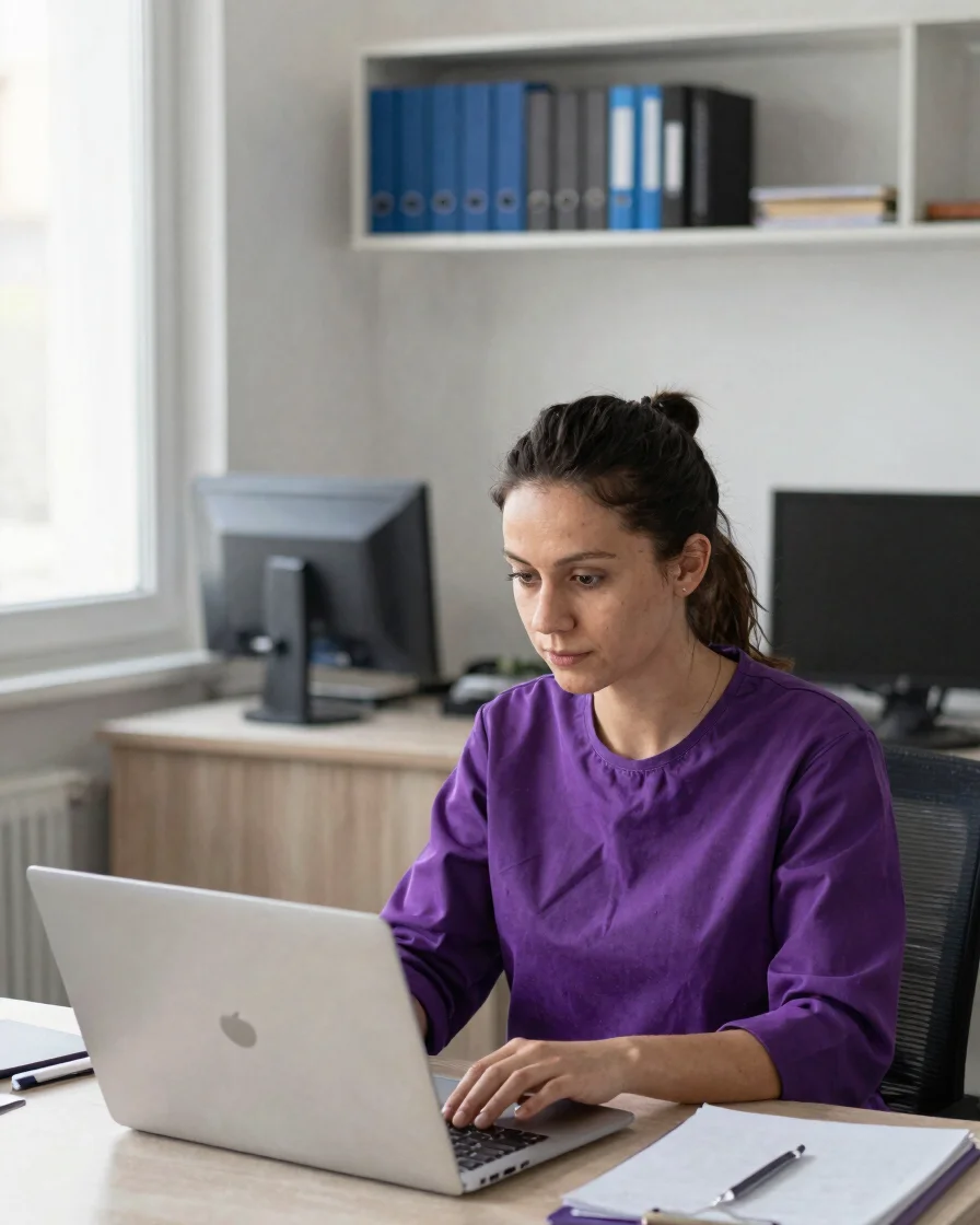 Evde masa başında laptopunu inceleyen teknisyen, yumuşak doğal gü