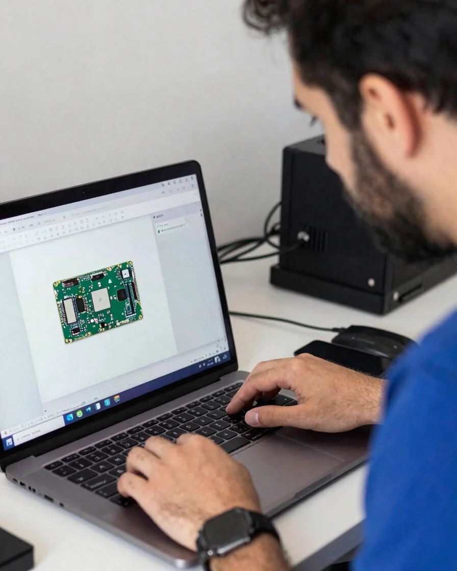 Laptop üzerinde SSD ve RAM kurulumu yapan teknisyen, yakın detay çekimi, doğal Marmara gün ışığı, lacivert mavi beyaz pa