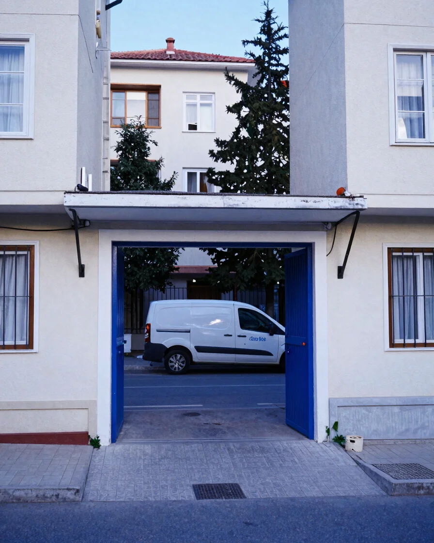 Çekmeköy veya Sancaktepe’de sıradan bir apartman girişi ve yanında park etmiş bir hizmet aracı, yumuşak öğleden sonra gü