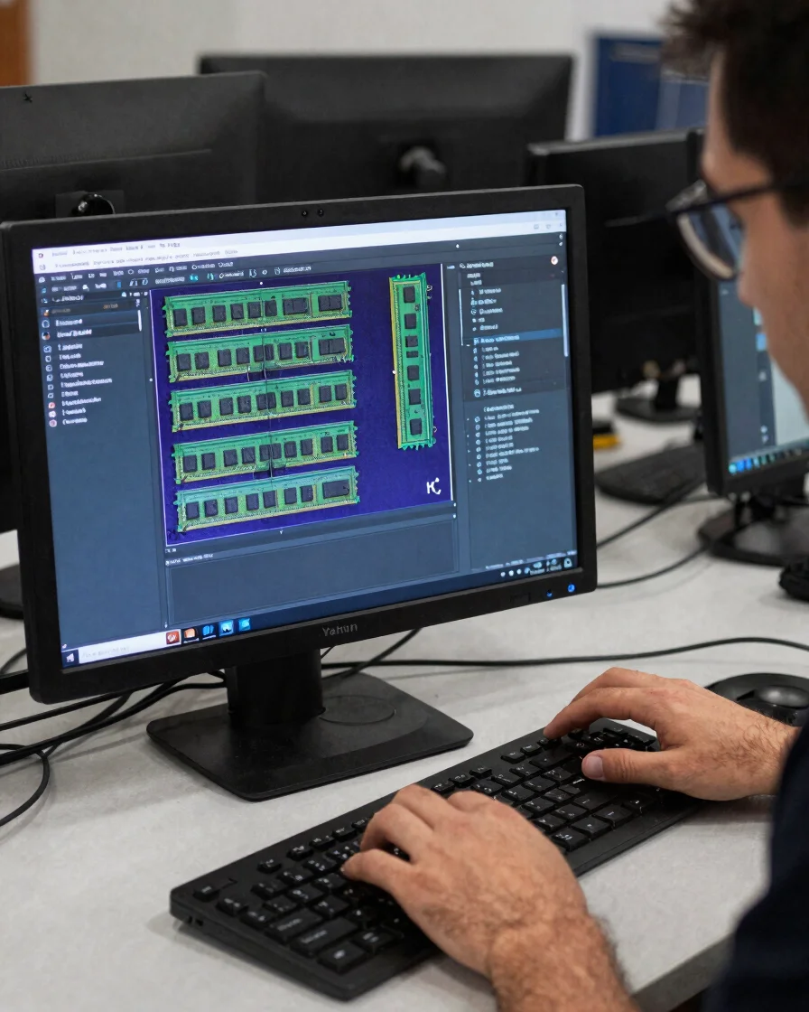 Yakın detay: bir masa üzerinde açık bir masaüstü bilgisayar kasasının içinde RAM modüllerini gösteren teknisyen eli, yum